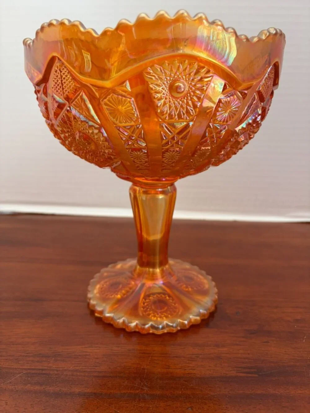 Imperial Glass Marigold Carnival Glass Hobstar Pedestal Compote